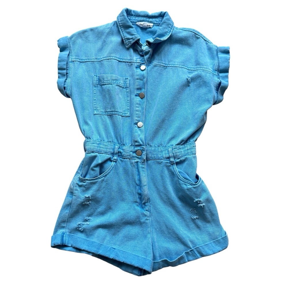 Day + Moon Romper Womens S Blue Denim Snap Button Front Utility Pockets Summer